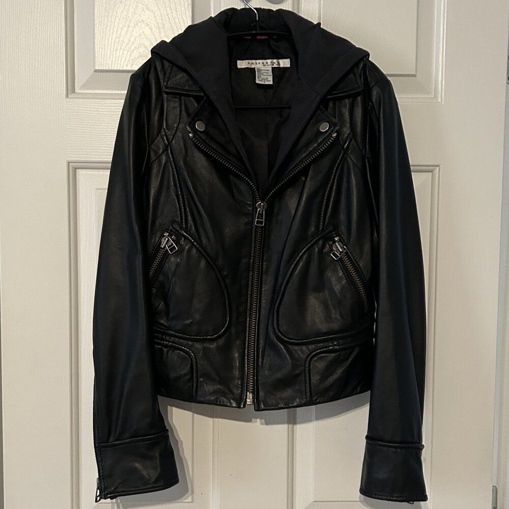Rezrekshn By Esther Chen Leather detachable hood Black Bomber Moto Jacket Size M